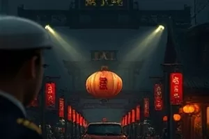 横版主推画面：雪夜港口的长镜头，路灯下一个人站在结冰的栈桥上